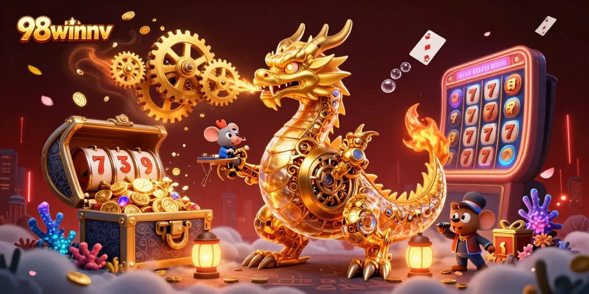 Engage with 98winnv through a captivating 3D casino scene featuring a golden mechanical dragon amidst vibrant gaming elements.