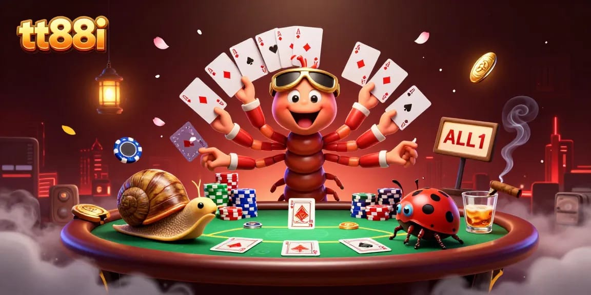 Experience thrilling tables at tt88i with a lively millipede dealer showcasing poker actions among vibrant game elements.
