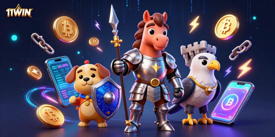 Explore thrilling 11WIN adventures with our knight, puppy, and falcon in a vibrant crypto casino scene.