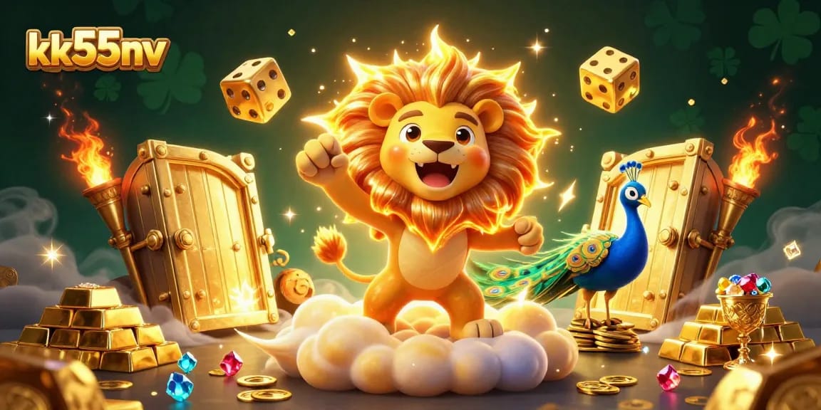 KK55nv delights players with a vibrant casino scene filled with gold coins, dice, and treasures.
