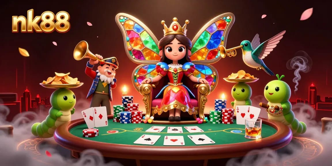 Experience thrilling poker action with nk88's vibrant casino illustration featuring a butterfly queen and poker elements.
