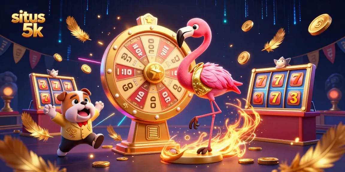 Experience the thrill of winning at situs 5k as the flamingo host spins the golden prize wheel.