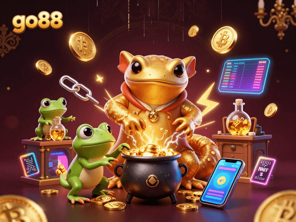 Engage with go88 casino strategies featuring gold coin alchemy and crypto elements in a vibrant digital scene.
