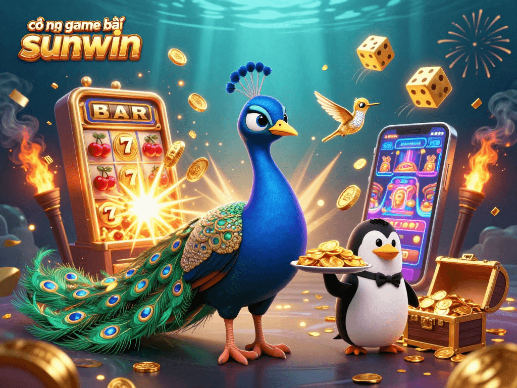 Spin the reels at cổng game bài sunwin with this vibrant illustration featuring a peacock, penguin, and hummingbird.