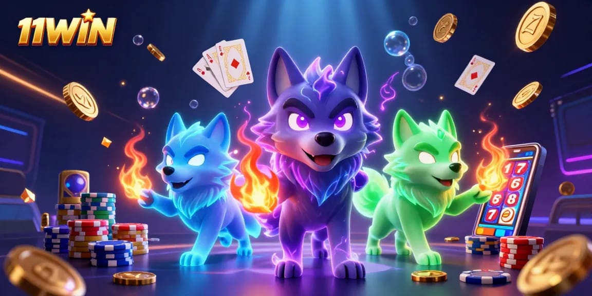 Experience thrilling gameplay with 11WIN's stunning 3D illustration featuring ghostly wolves and casino elements.