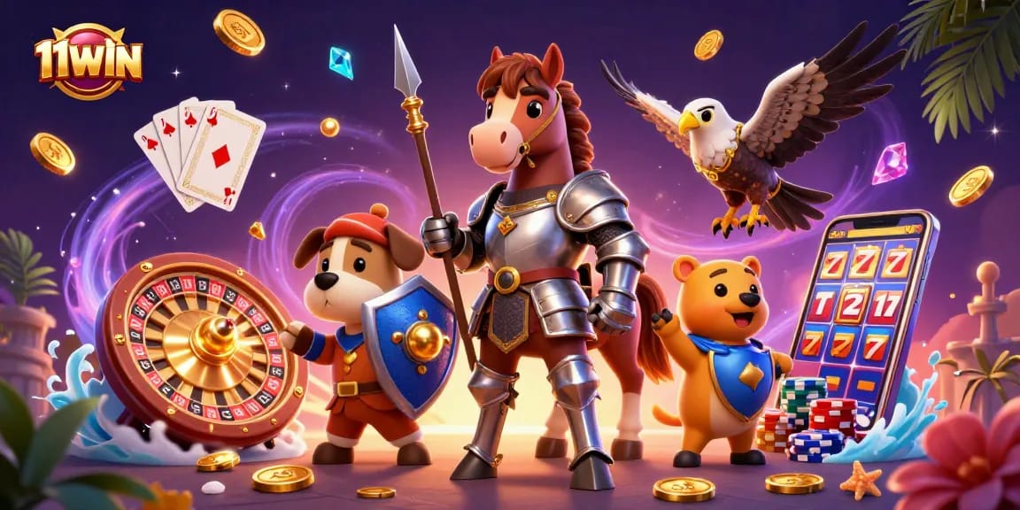 Engage players with 11WIN's thrilling casino adventure featuring knights, coins, and vibrant gaming elements.