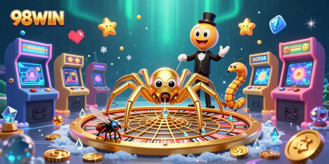 Experience thrilling bets at 98WIN with a golden spider and croupier spinning the roulette web.