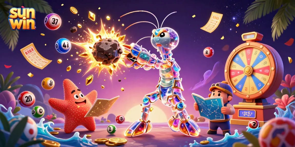 Engage with sun win's vibrant games and prizes in a dynamic casino-themed illustration.