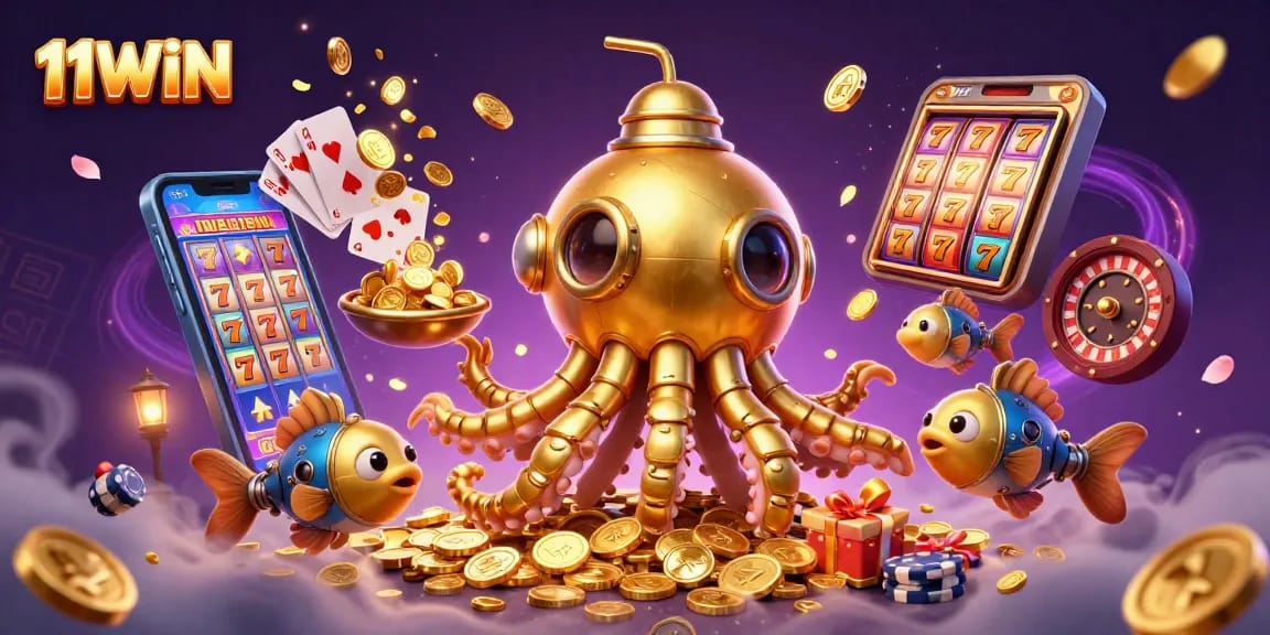 Win big with 11WIN's vibrant casino experience featuring a mythical kraken and mechanical fish.
