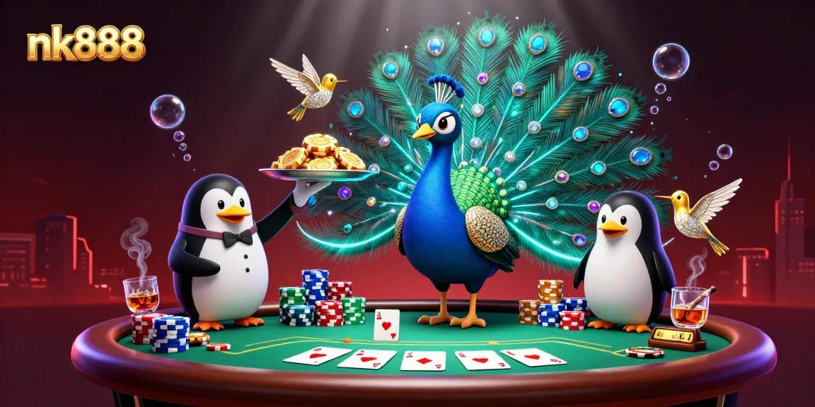 Engage with nk888 in this vibrant casino scene featuring a theatrical peacock, butler penguin, and a dazzling environment.