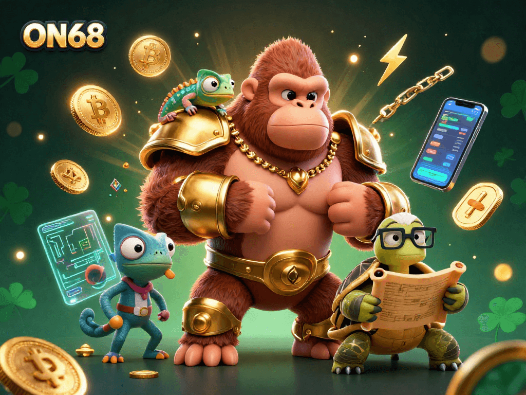 Engage with ON68 as the gorilla king beats his chest, surrounded by vibrant 3D gaming elements.
