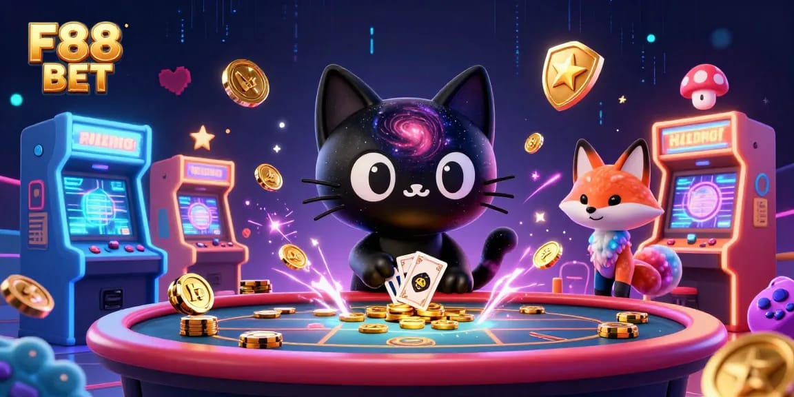 Engage in thrilling gameplay at F88 BET with a vibrant cosmic casino scene featuring unique characters.