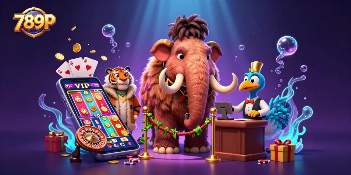789P attracts players with a vibrant casino scene featuring a mammoth bouncer and dynamic game elements.