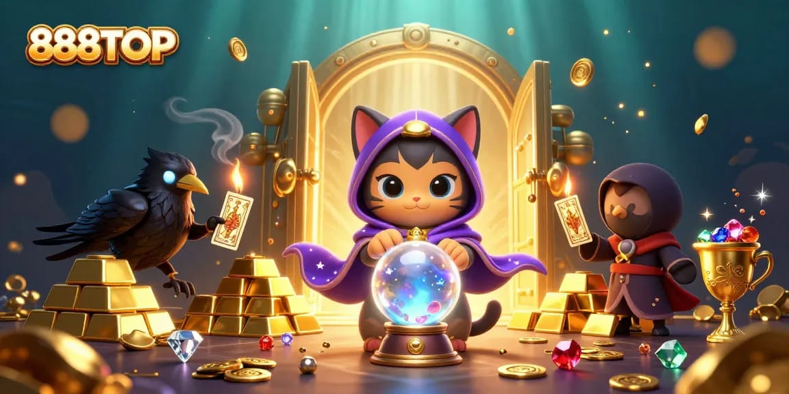 Experience the magic of 888TOP with a mystical scene filled with treasures and gaming elements.