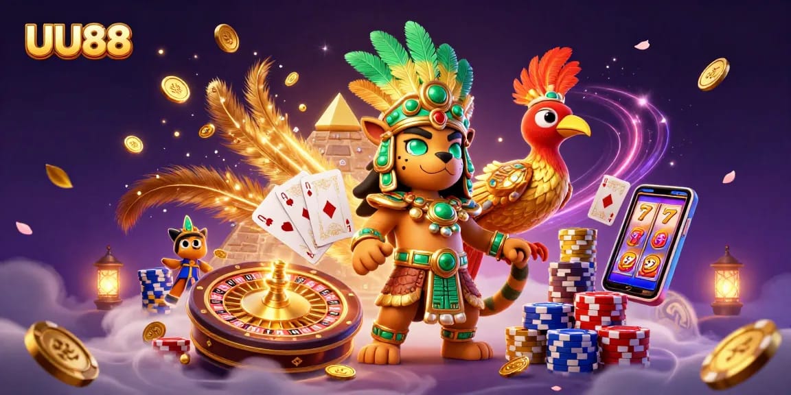 UU88 brings excitement to the casino with a vibrant 3D illustration of thrilling games and characters.