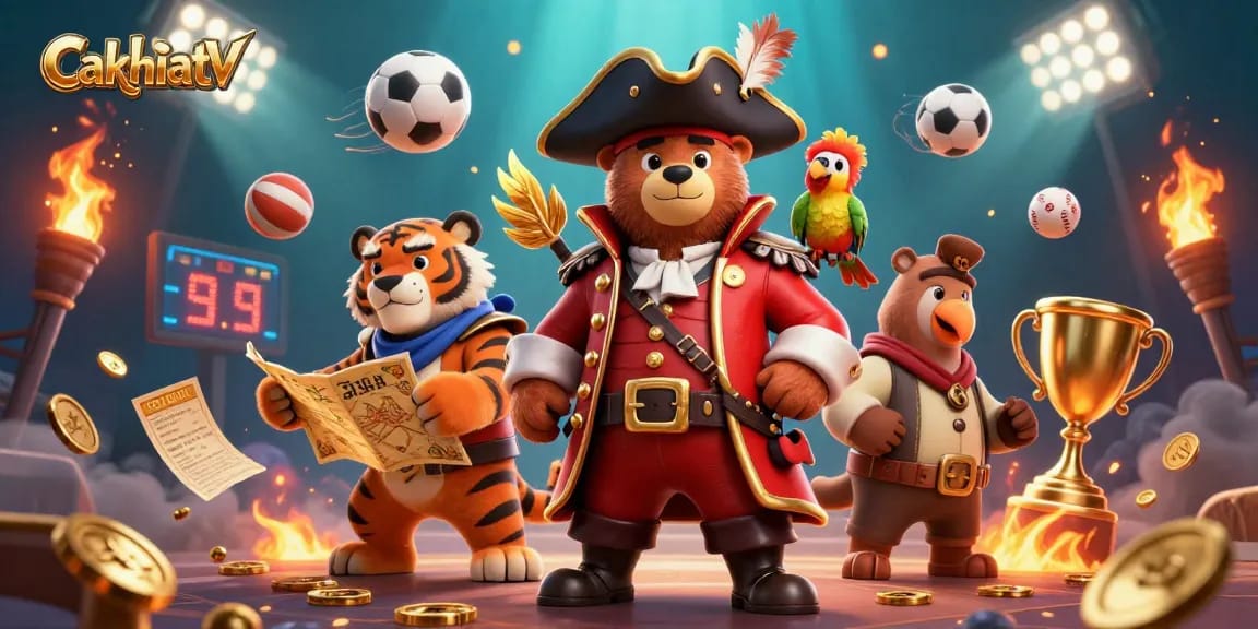 Cakhiatv showcases a vibrant 3D illustration of a pirate bear leading sports gambling excitement with immersive action.