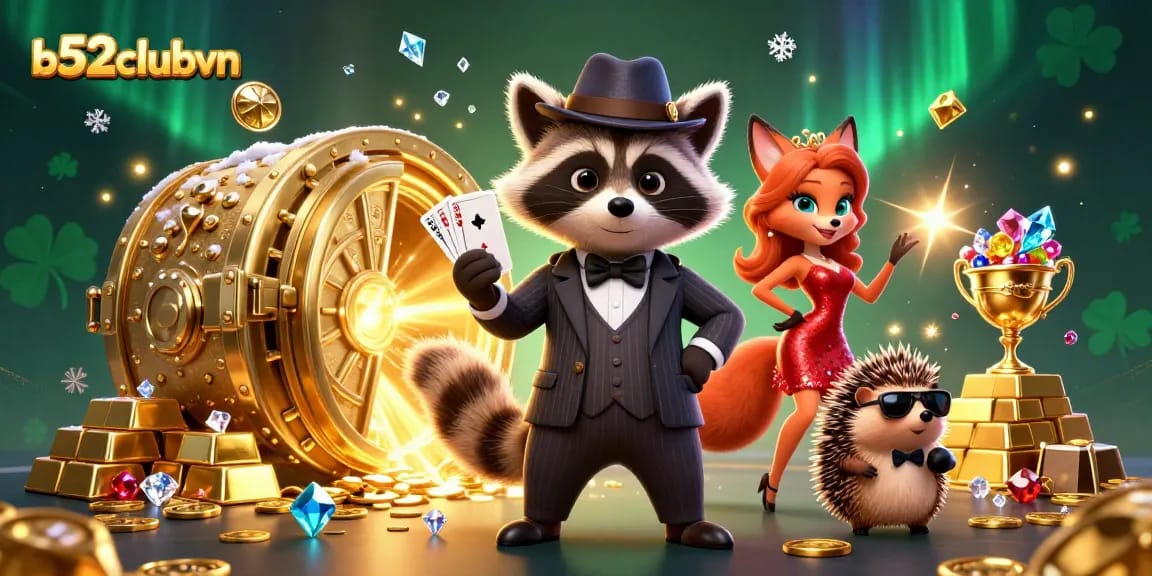 Experience thrilling gameplay at b52clubvn with a suave raccoon, a glamorous fox, and a bouncer, surrounded by treasures.