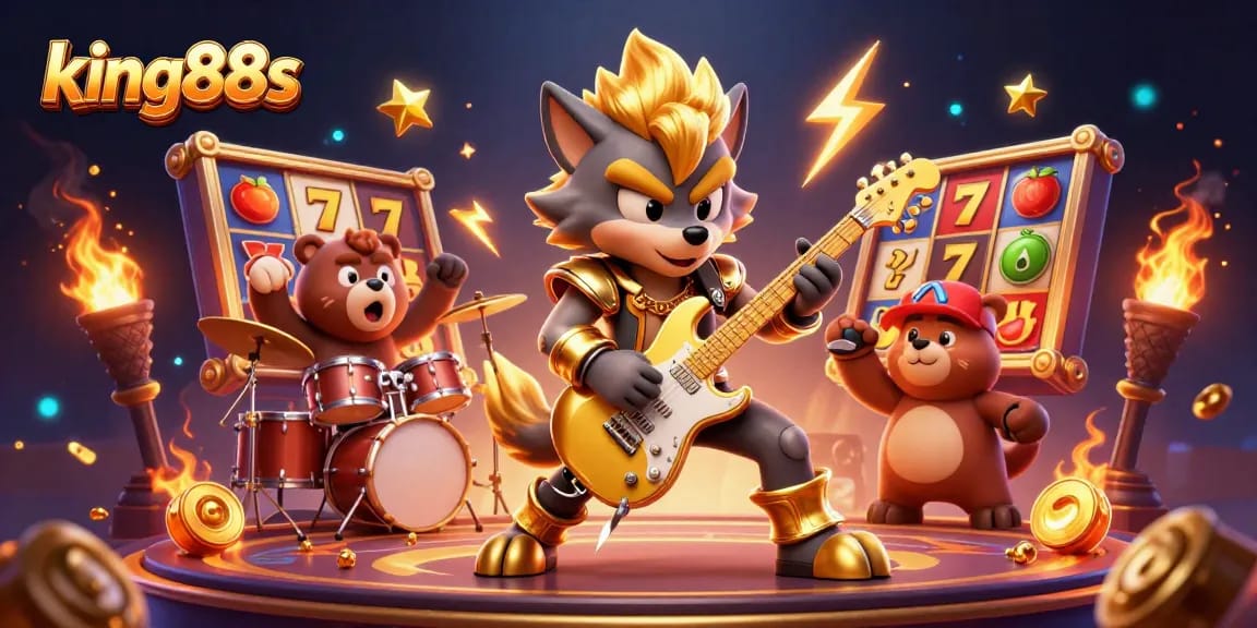 king88s slots jackpot scene with a rock star wolf and drummer bear in a dynamic casino stage setting