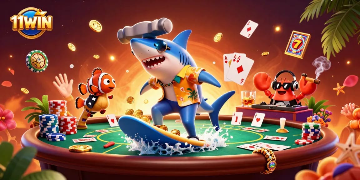 Experience 11WIN's thrilling casino adventure with a shark surfing on gold coins.