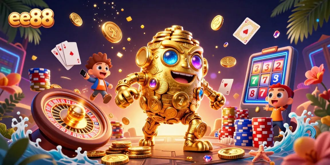 Engage with ee88's dynamic casino experience featuring vibrant golden golem and casino elements.