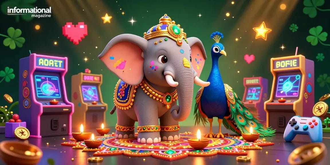 Play vibrant games in this informational magazine scene, featuring a Diwali-themed elephant and dynamic casino elements.
