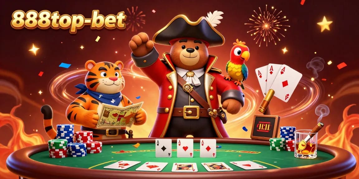 Engage in thrilling poker action with 888top-bet, as a pirate bear and tiger strategize over colorful chips and cards.