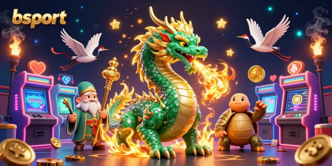 Experience thrilling betting at Bsport with a dynamic scene showcasing a jade dragon and unique casino elements.