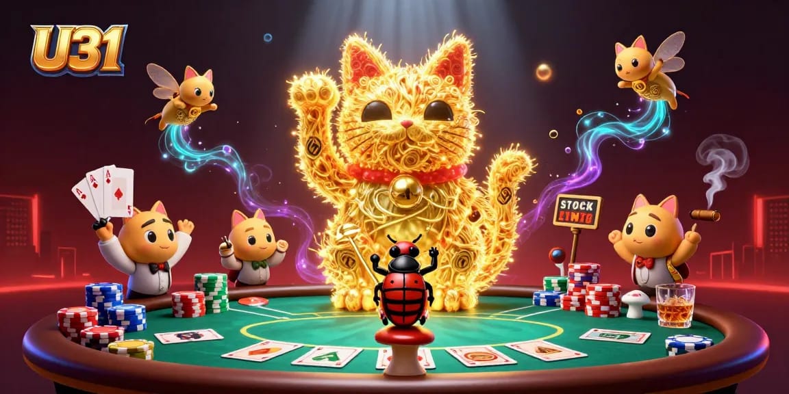 Experience U31's vibrant casino magic with a dynamic lucky cat, poker chips, and a conductor beetle.