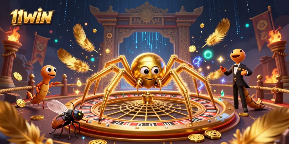 Bet big with 11WIN as a golden spider spins a roulette wheel web in a vibrant casino scene.