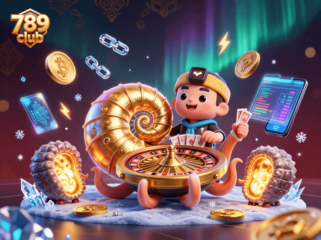 Experience thrilling gameplay with 789 club featuring a giant nautilus roulette wheel and vibrant crypto elements.