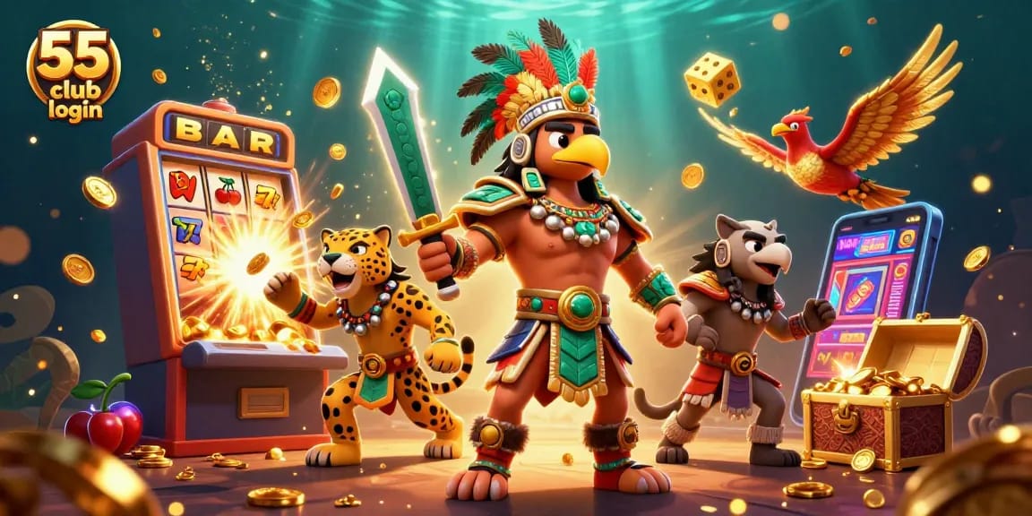 Experience vibrant 55 club login action with 3D Aztec warriors at a jackpot casino scene.