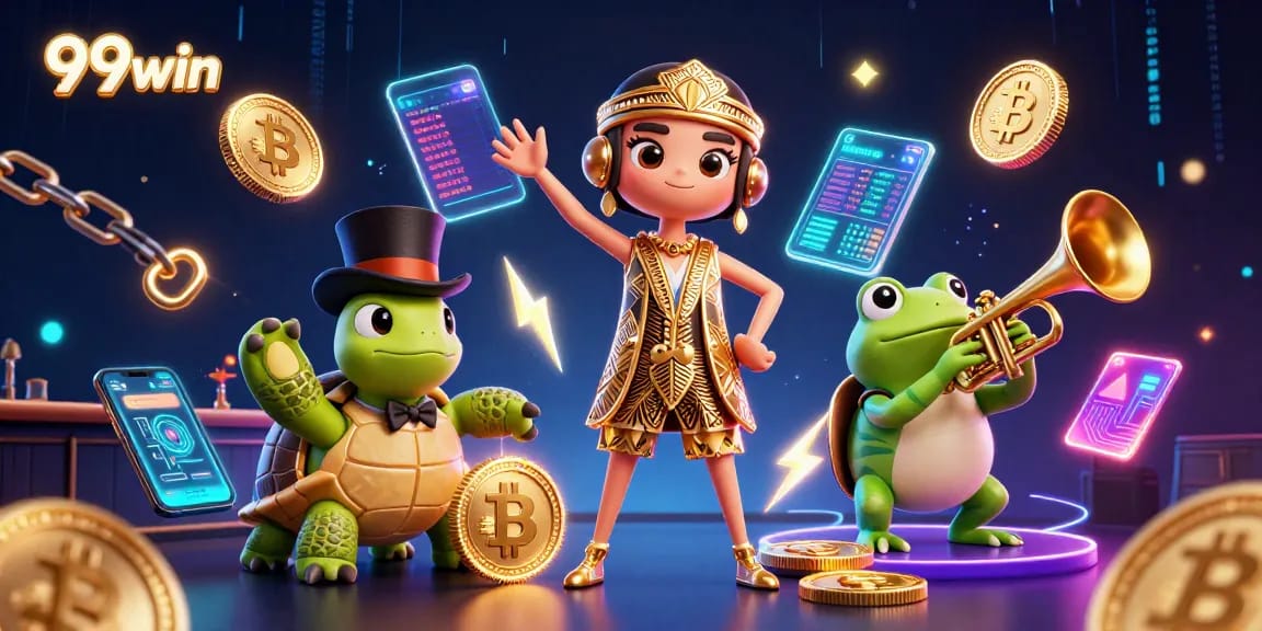 Experience vibrant gaming at 99win with a colorful crypto-themed casino scene featuring dynamic characters.