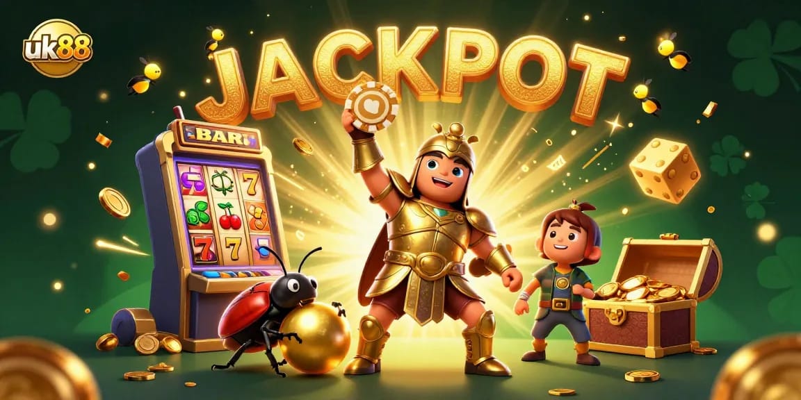 uk88 wins big as 3D beetle characters celebrate a jackpot in a vibrant casino scene.