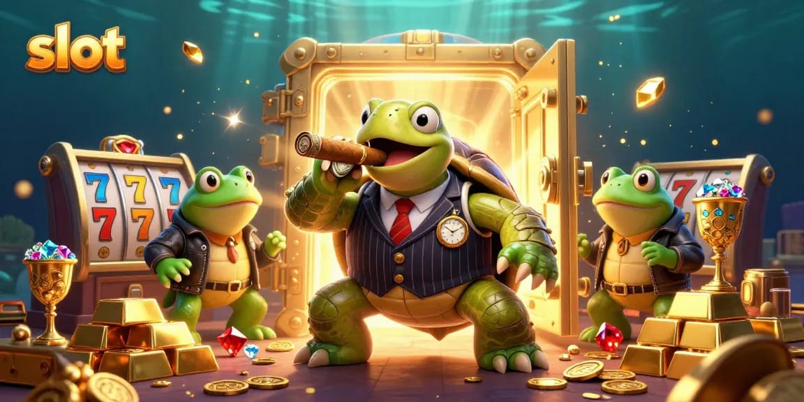 Engage with slot games featuring cartoon characters in a lively casino scene.
