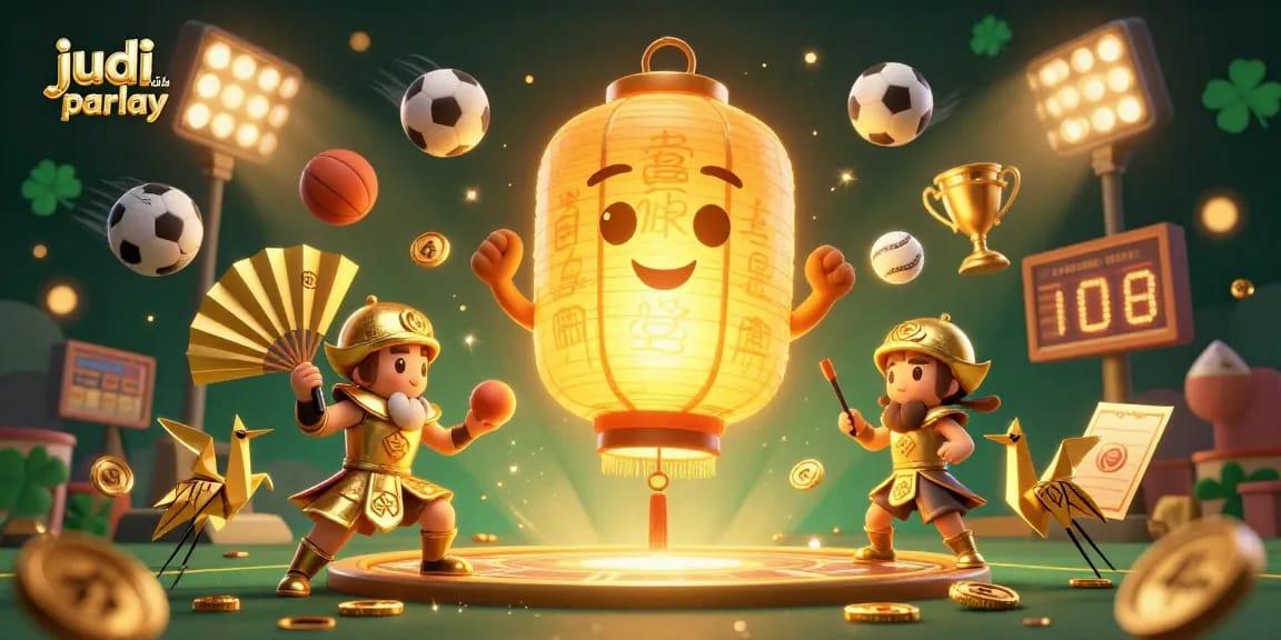 Experience the thrill of judi bola parlay with dynamic sports elements and gold accents.