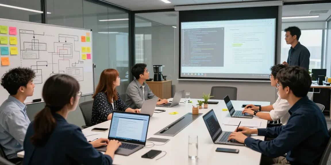 Build internal tools with AI in a collaborative workspace, showcasing a productive team meeting with technology.