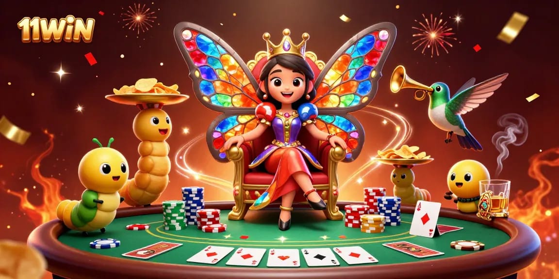 Engage with 11WIN's vibrant casino world featuring a queen, poker elements, and dynamic game scenes.