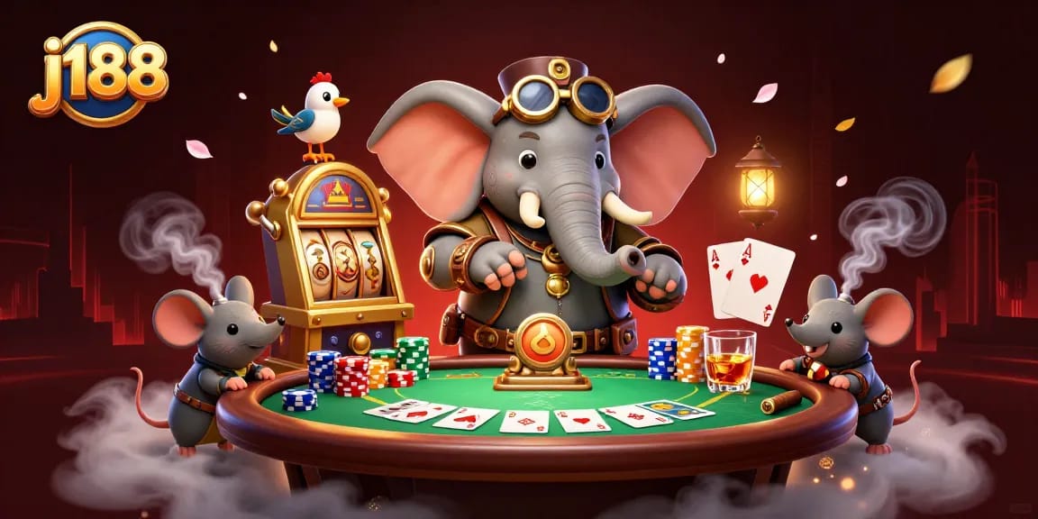 j188 showcases a steampunk elephant and companions at a vibrant casino with golden slot machines.