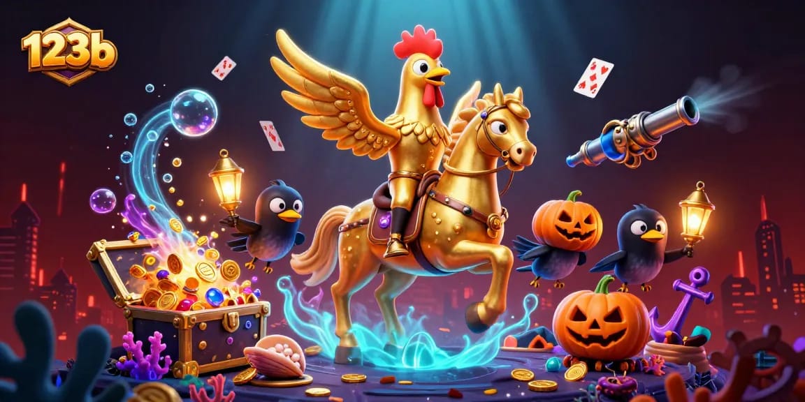 Experience thrills at 123b casino featuring golden rooster in a magical midnight scene.