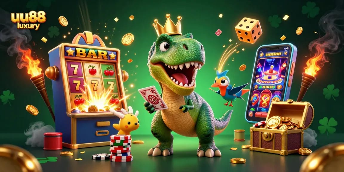Experience the excitement of uu88 luxury with this vibrant 3D illustration showcasing a T-Rex casino scene.