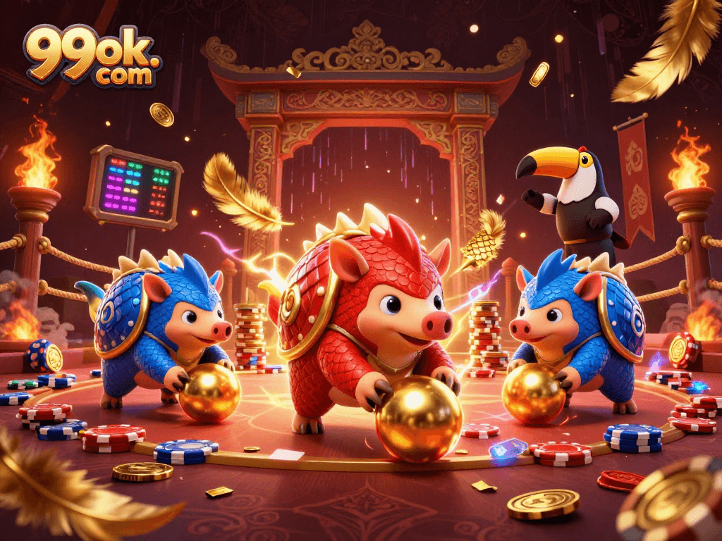 Experience electrifying action with 99ok. com in this dynamic casino scene featuring competing pangolins.