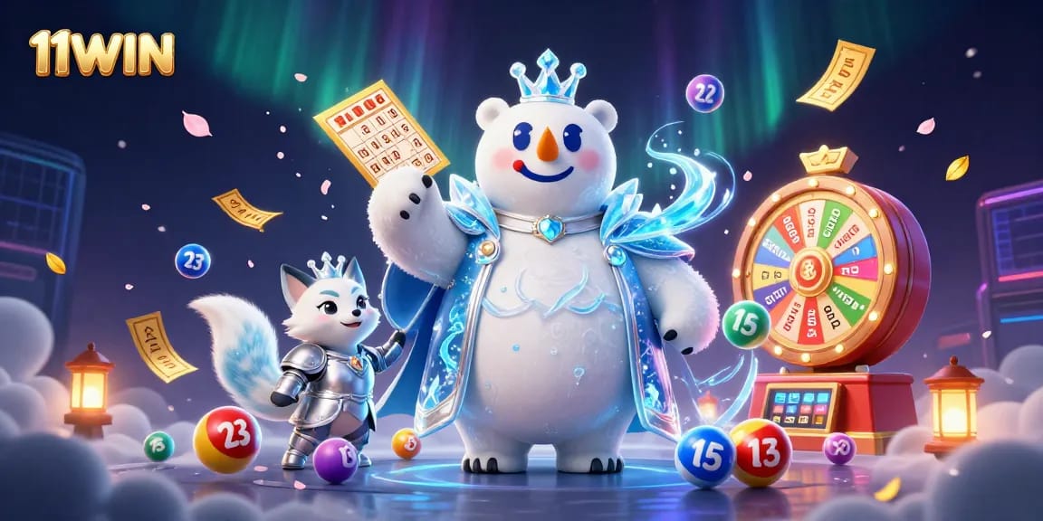 Experience the magic of 11WIN with a vibrant scene depicting casino excitement and lottery thrill.
