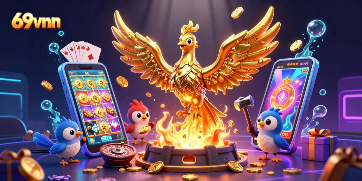 Experience the excitement of 69vnn with a dynamic 3D casino scene showcasing a molten gold phoenix and vibrant slot games.
