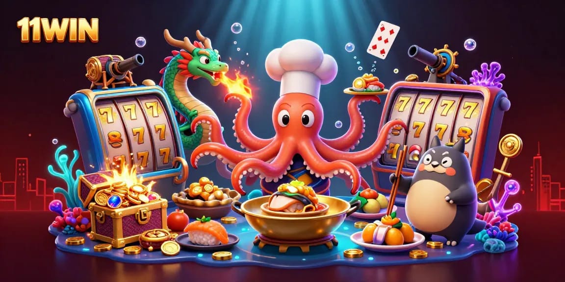Experience the thrill of 11WIN's vibrant casino scene with a sushi chef octopus and a fiery dragon.