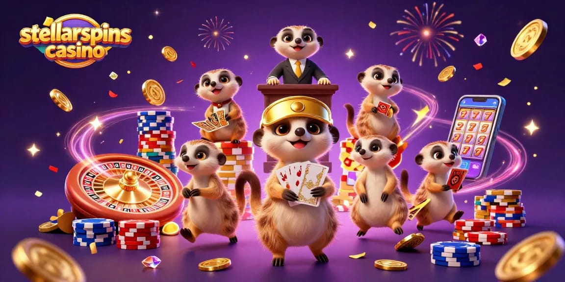 Experience excitement at stellarspins casino with meerkats and colorful casino elements.