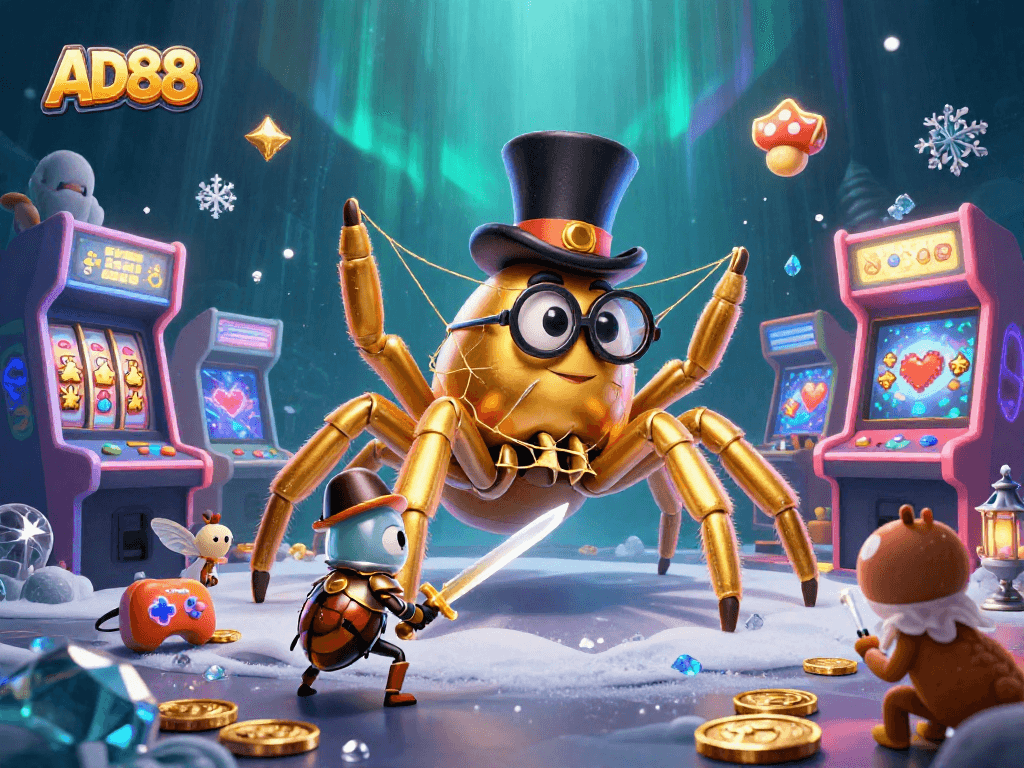 The AD88 casino scene showcases an engaging 3D illustration featuring a giant golden spider weaving a golden web, surrounded by vibrant slot machines and game elements.