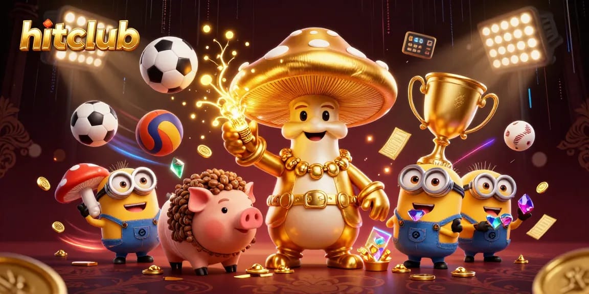 Hitclub's dynamic casino scene showcasing a wizard and treasures amidst vibrant sports elements and magic.