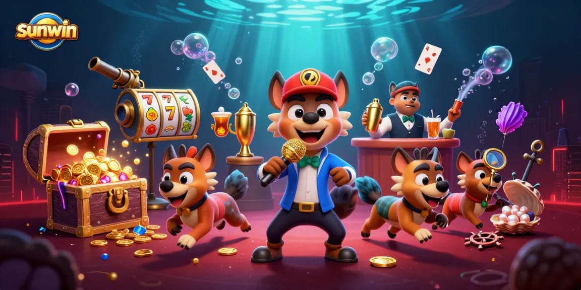 Experience sunwin's lively comedy casino with hyena entertainers amidst exciting slot visuals and underwater treasures.
