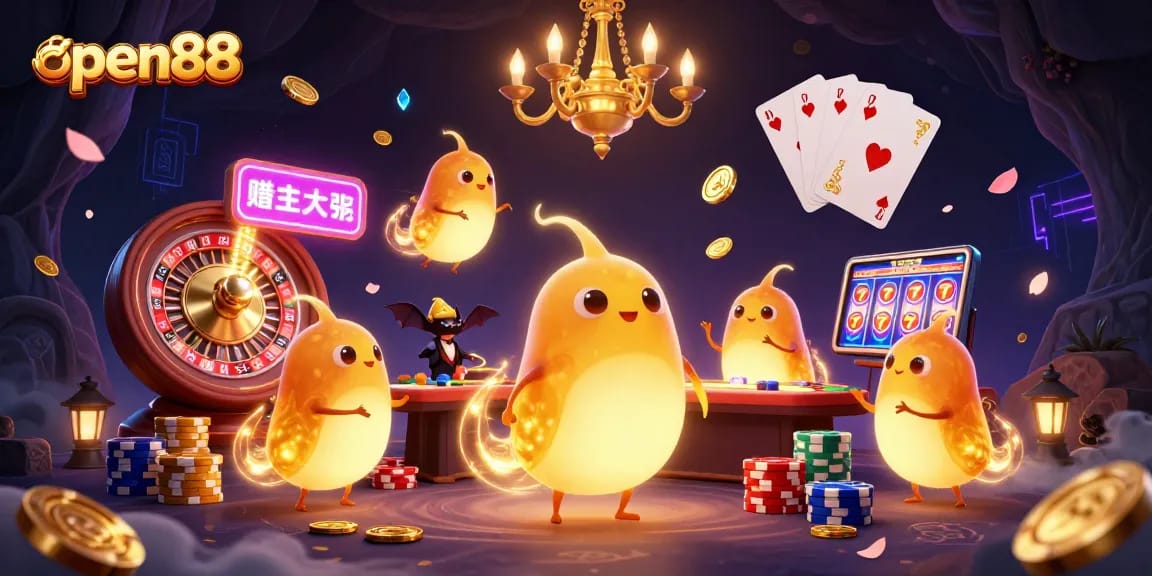 Play winning games at open88 with vibrant glowworms lighting up a lively casino scene.