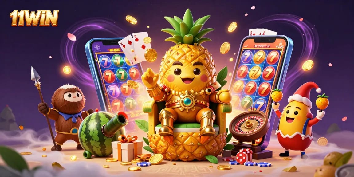 Experience the excitement of 11WIN with a vibrant casino scene featuring playful characters and gaming action.